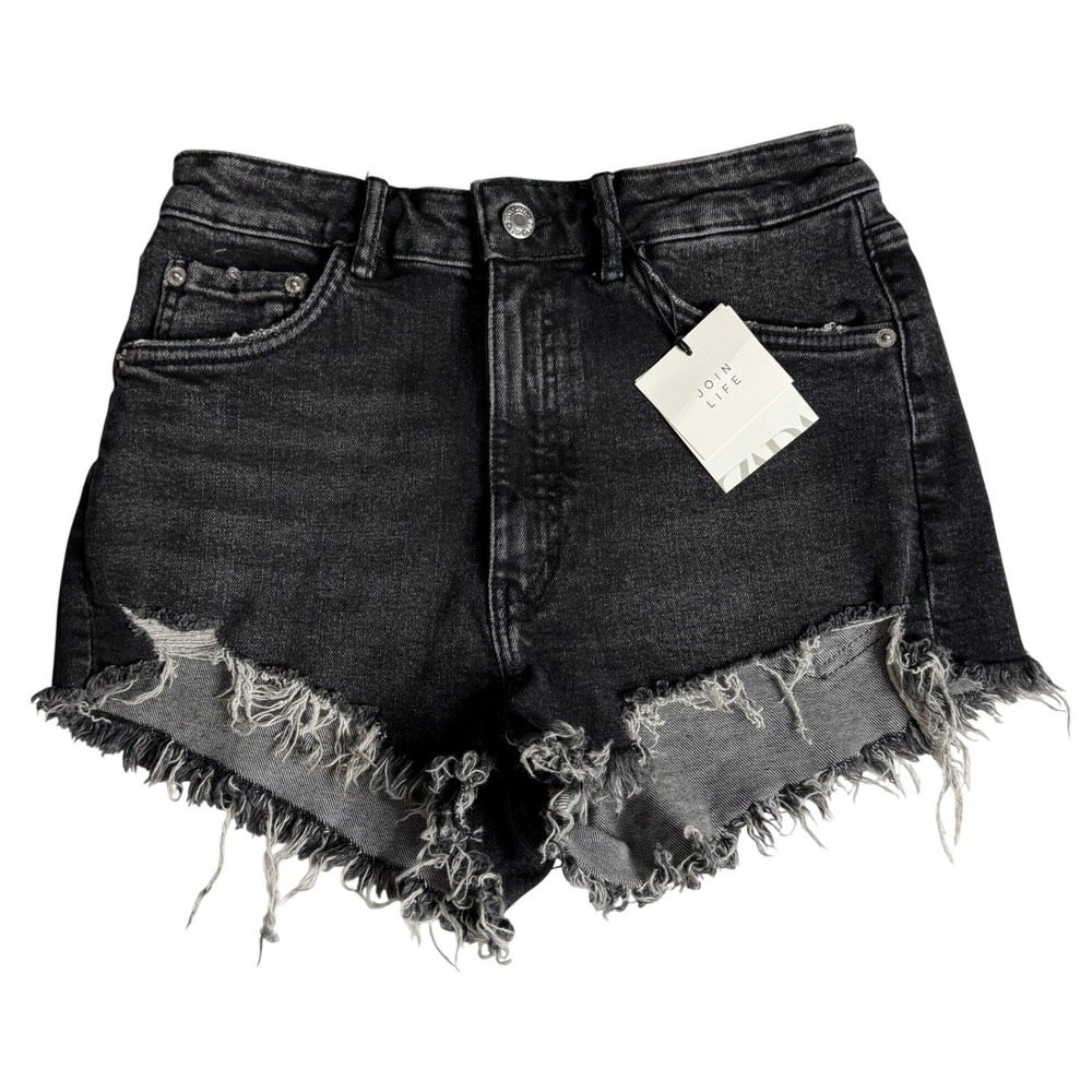 Zara Hi Rise Distressed Jean Shorts Frayed Black Denim Womens Size 6 NEW